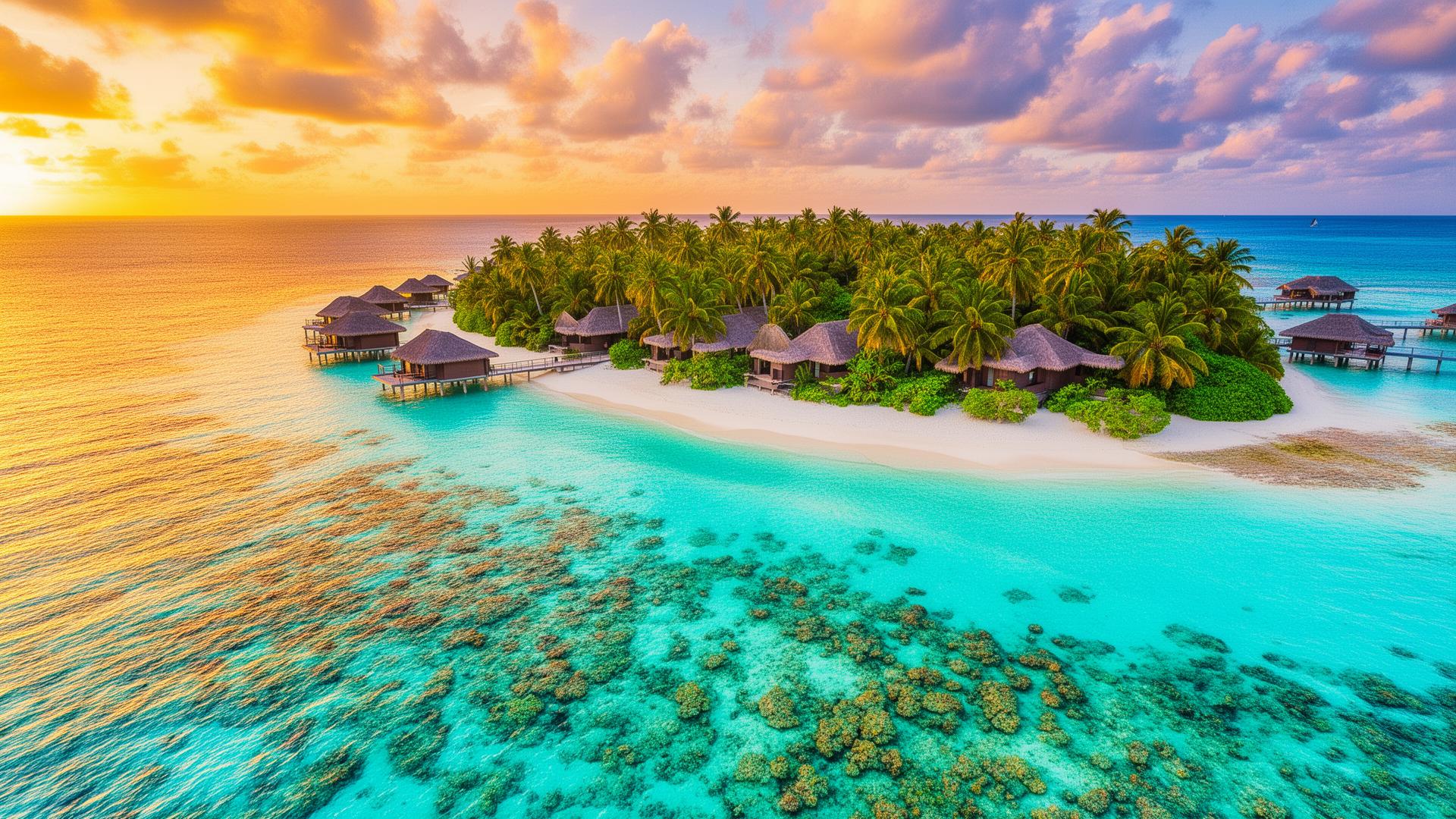 Tropical paradise island with turquoise waters and palm trees